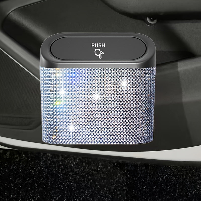 Artificial rhinestone inlaid car trash can, car interior hanging storage bin automatic lid trash can bag multi-functional mother car accessories