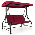 Costway 3-Seater Outdoor Patio Swing Glider with Adjustable Canopy, Convertible Design, and Removable Cushions - Wine Red, Metal Frame, 660 lbs Weight Capacity in Bed Mode, 990 lbs in Swing Mode, Perfect for Porch, Yard, or P