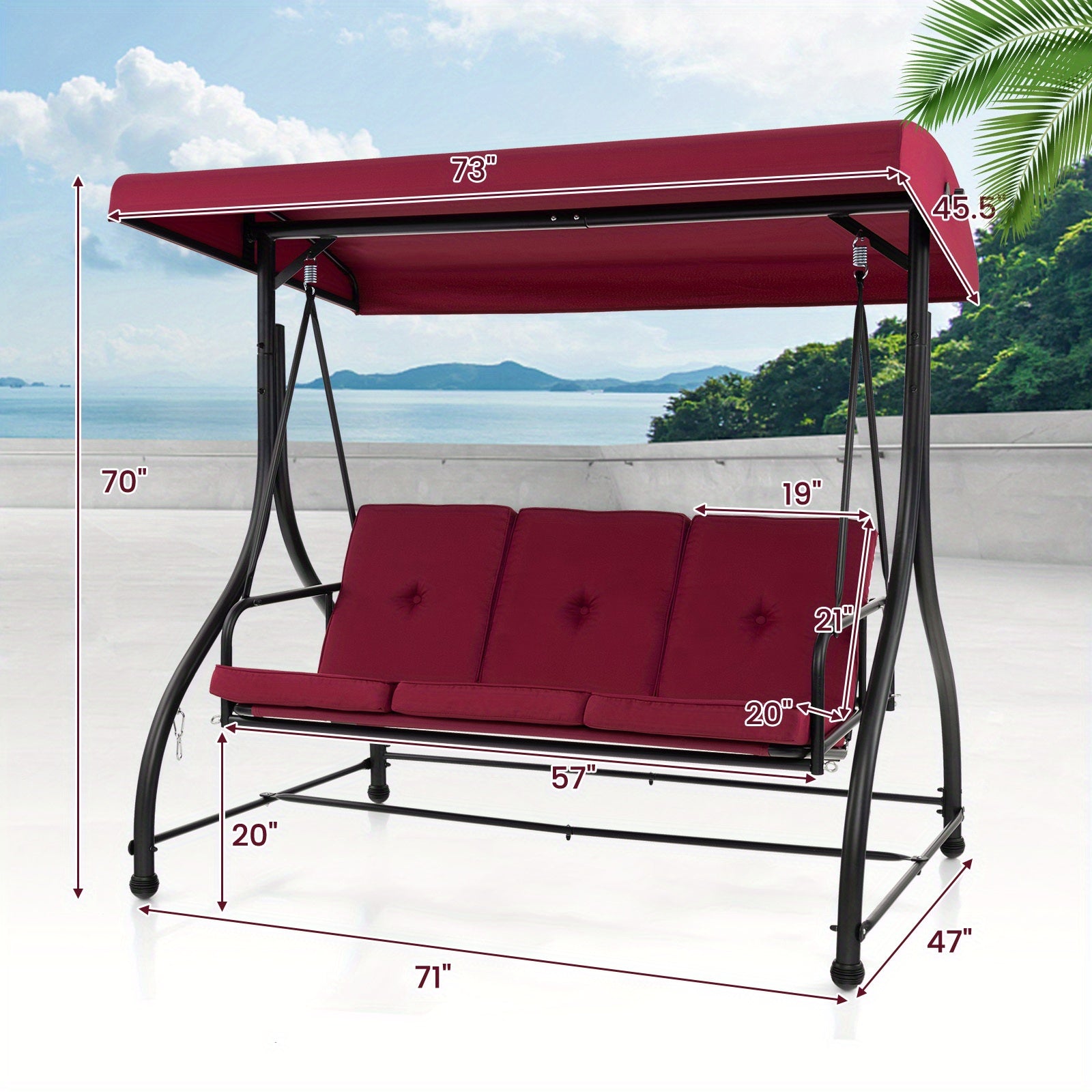 Costway 3-Seater Outdoor Patio Swing Glider with Adjustable Canopy, Convertible Design, and Removable Cushions - Wine Red, Metal Frame, 660 lbs Weight Capacity in Bed Mode, 990 lbs in Swing Mode, Perfect for Porch, Yard, or P