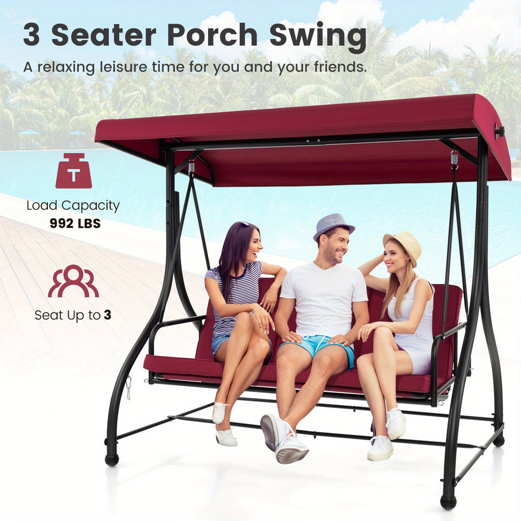 Costway 3-Seater Outdoor Patio Swing Glider with Adjustable Canopy, Convertible Design, and Removable Cushions - Wine Red, Metal Frame, 660 lbs Weight Capacity in Bed Mode, 990 lbs in Swing Mode, Perfect for Porch, Yard, or P