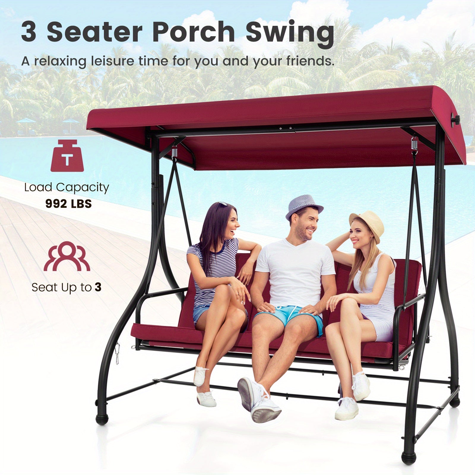 Costway 3-Seater Outdoor Patio Swing Glider with Adjustable Canopy, Convertible Design, and Removable Cushions - Wine Red, Metal Frame, 660 lbs Weight Capacity in Bed Mode, 990 lbs in Swing Mode, Perfect for Porch, Yard, or P