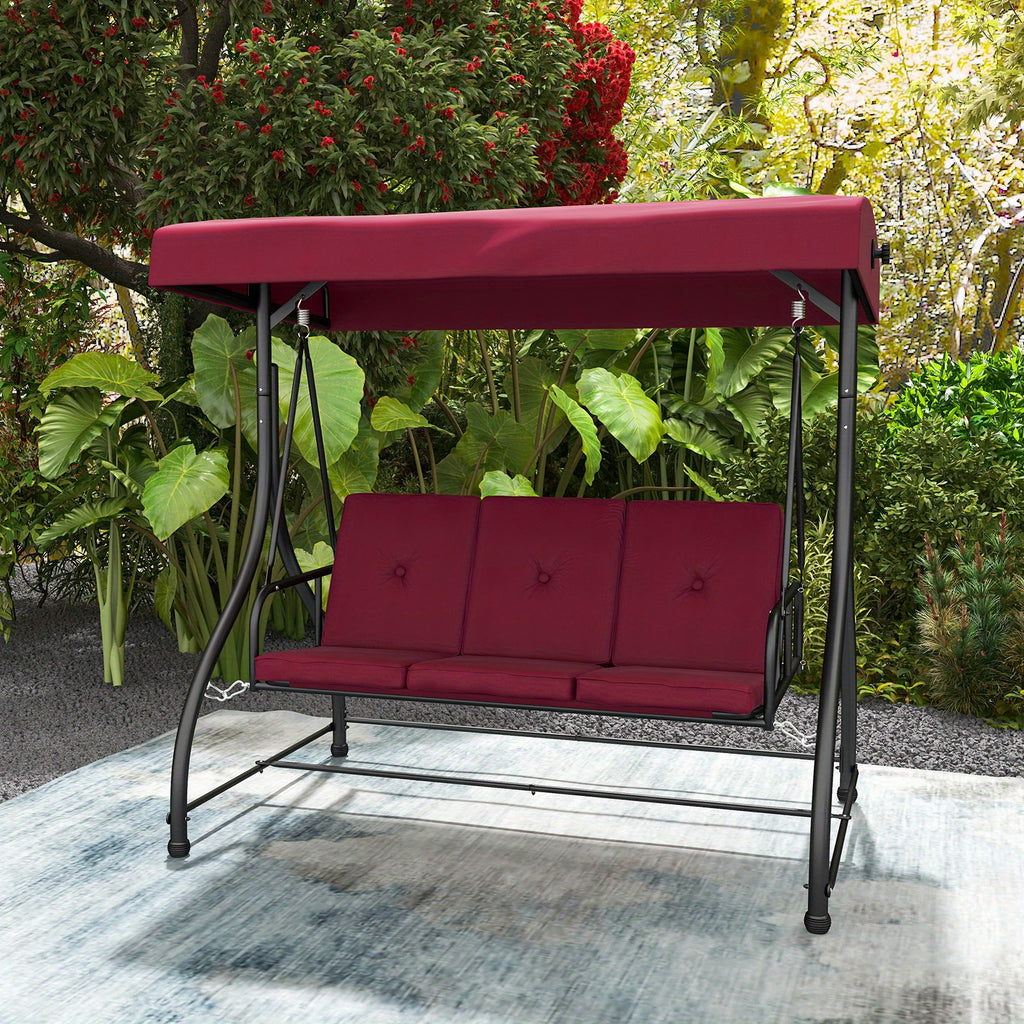 Costway 3-Seater Outdoor Patio Swing Glider with Adjustable Canopy, Convertible Design, and Removable Cushions - Wine Red, Metal Frame, 660 lbs Weight Capacity in Bed Mode, 990 lbs in Swing Mode, Perfect for Porch, Yard, or P