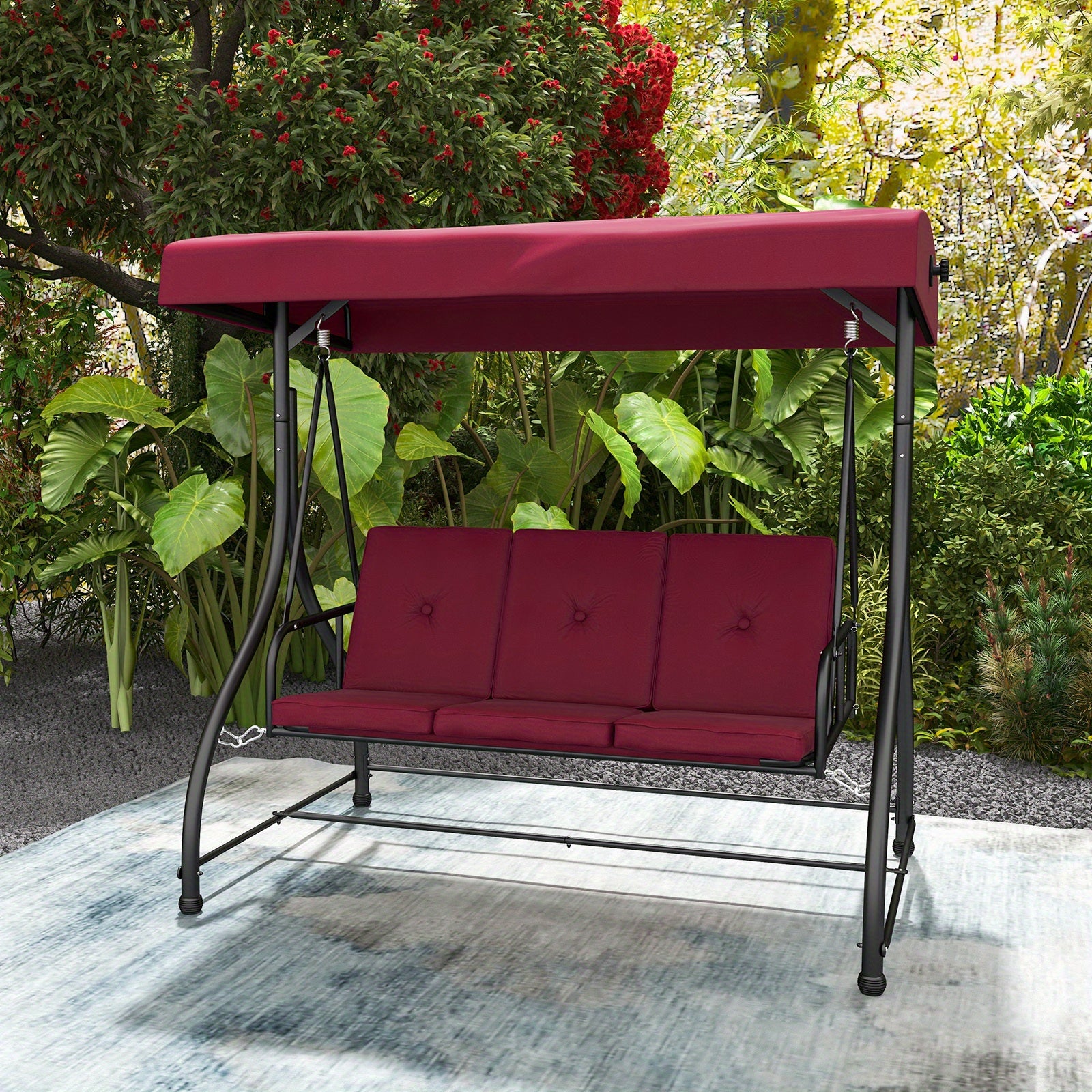 Costway 3-Seater Outdoor Patio Swing Glider with Adjustable Canopy, Convertible Design, and Removable Cushions - Wine Red, Metal Frame, 660 lbs Weight Capacity in Bed Mode, 990 lbs in Swing Mode, Perfect for Porch, Yard, or P