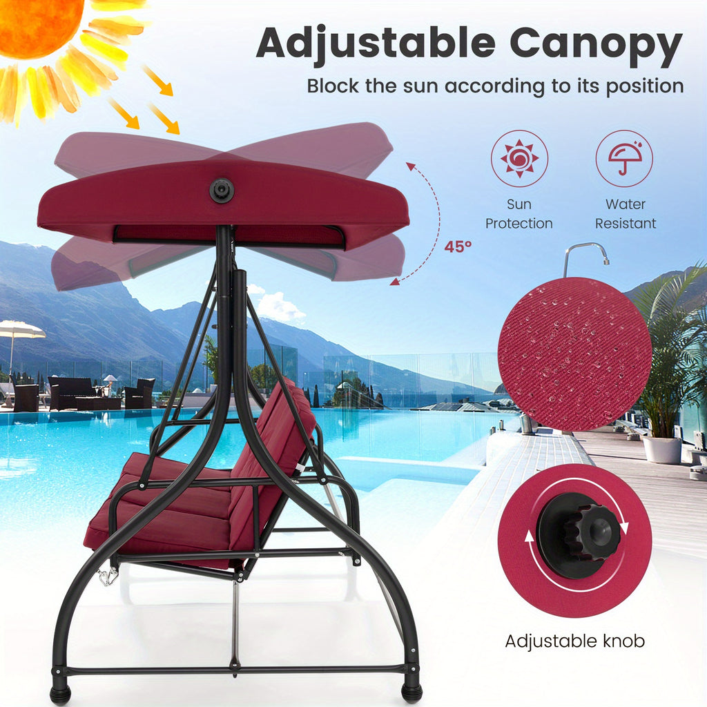 Costway 3-Seater Outdoor Patio Swing Glider with Adjustable Canopy, Convertible Design, and Removable Cushions - Wine Red, Metal Frame, 660 lbs Weight Capacity in Bed Mode, 990 lbs in Swing Mode, Perfect for Porch, Yard, or P