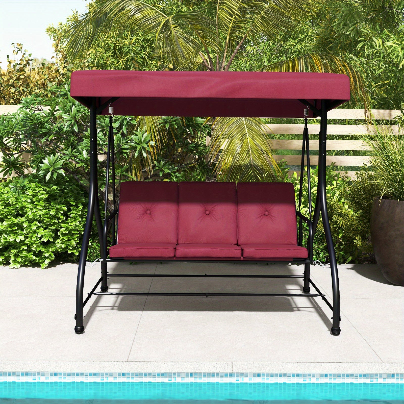 Costway 3-Seater Outdoor Patio Swing Glider with Adjustable Canopy, Convertible Design, and Removable Cushions - Wine Red, Metal Frame, 660 lbs Weight Capacity in Bed Mode, 990 lbs in Swing Mode, Perfect for Porch, Yard, or P