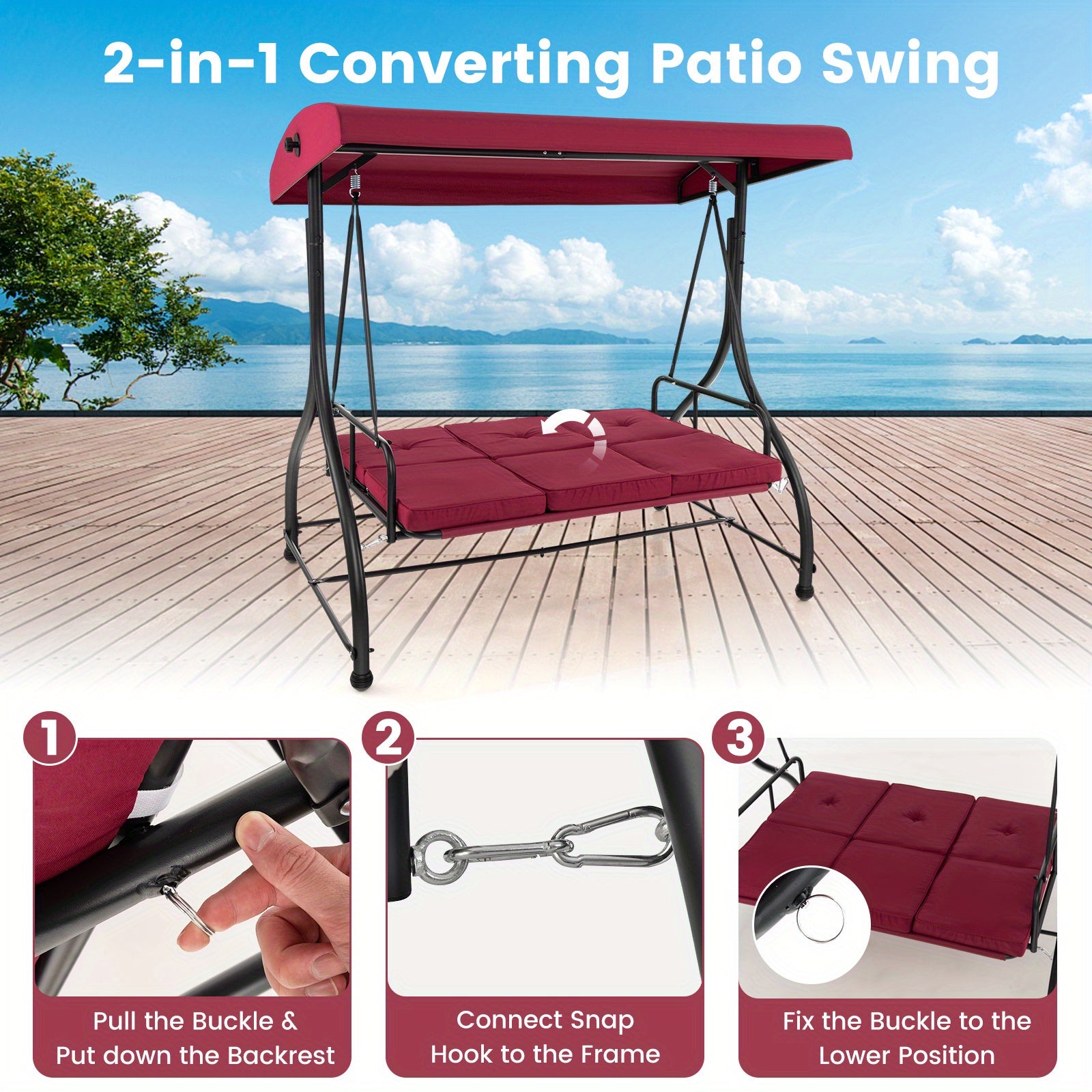 Costway 3-Seater Outdoor Patio Swing Glider with Adjustable Canopy, Convertible Design, and Removable Cushions - Wine Red, Metal Frame, 660 lbs Weight Capacity in Bed Mode, 990 lbs in Swing Mode, Perfect for Porch, Yard, or P