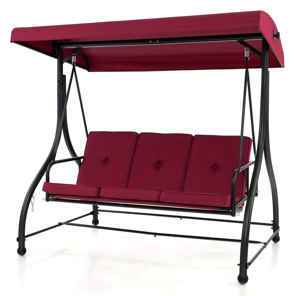 Costway 3-Seater Outdoor Patio Swing Glider with Adjustable Canopy, Convertible Design, and Removable Cushions - Wine Red, Metal Frame, 660 lbs Weight Capacity in Bed Mode, 990 lbs in Swing Mode, Perfect for Porch, Yard, or P