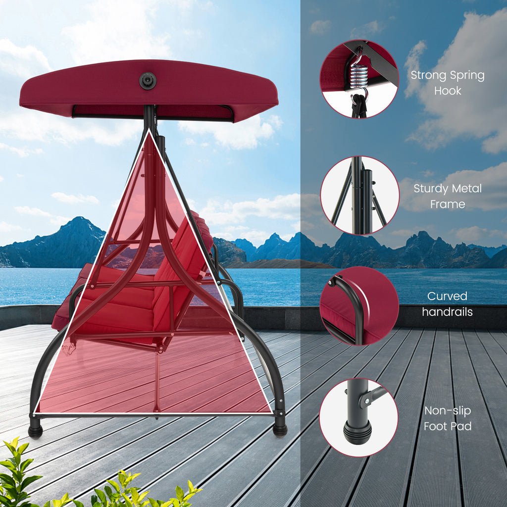 Costway 3-Seater Outdoor Patio Swing Glider with Adjustable Canopy, Convertible Design, and Removable Cushions - Wine Red, Metal Frame, 660 lbs Weight Capacity in Bed Mode, 990 lbs in Swing Mode, Perfect for Porch, Yard, or P