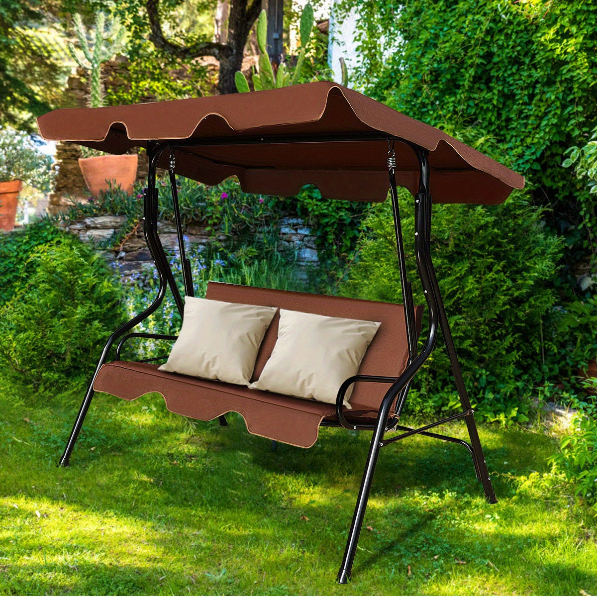 Costway Patio 3-Seater Canopy Swing Glider Hammock, Steel Frame with Cushioned Seats, UV Protection, Coffee Color - Ideal for Garden, Yard, Balcony, Garden Seating | Modern Patio Swing | Durable Outdoor Furniture, Patio Furni