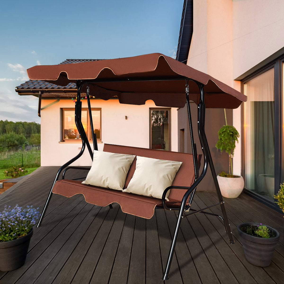 Costway Patio 3-Seater Canopy Swing Glider Hammock, Steel Frame with Cushioned Seats, UV Protection, Coffee Color - Ideal for Garden, Yard, Balcony, Garden Seating | Modern Patio Swing | Durable Outdoor Furniture, Patio Furni