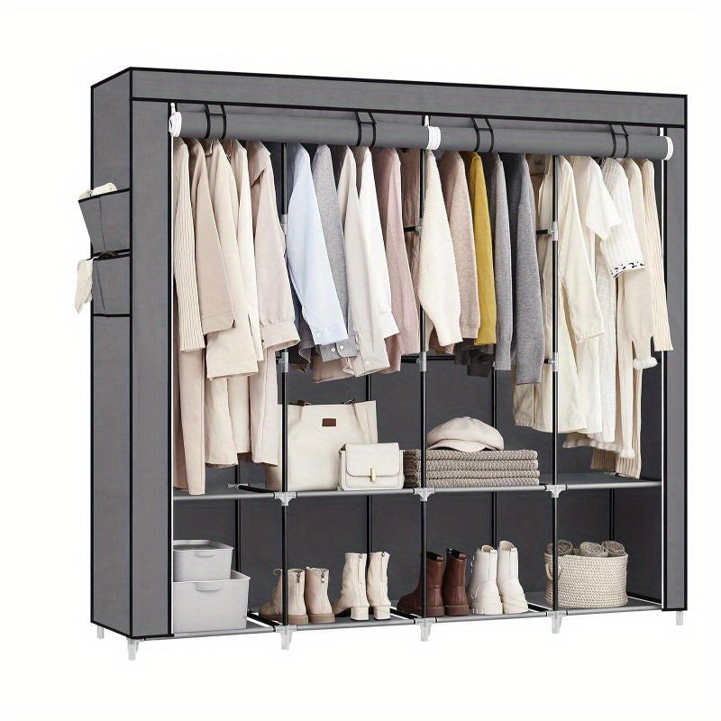 1pc SONGMICS Portable Wardrobe Closet Organizer with Cover, 4 Hanging Rods and Shelves, 4 Side Pockets, Metal Material, Lacquered Finish, Large Capacity for Bedroom, Living Room, Clothes Organizer Storage, SONGMICS