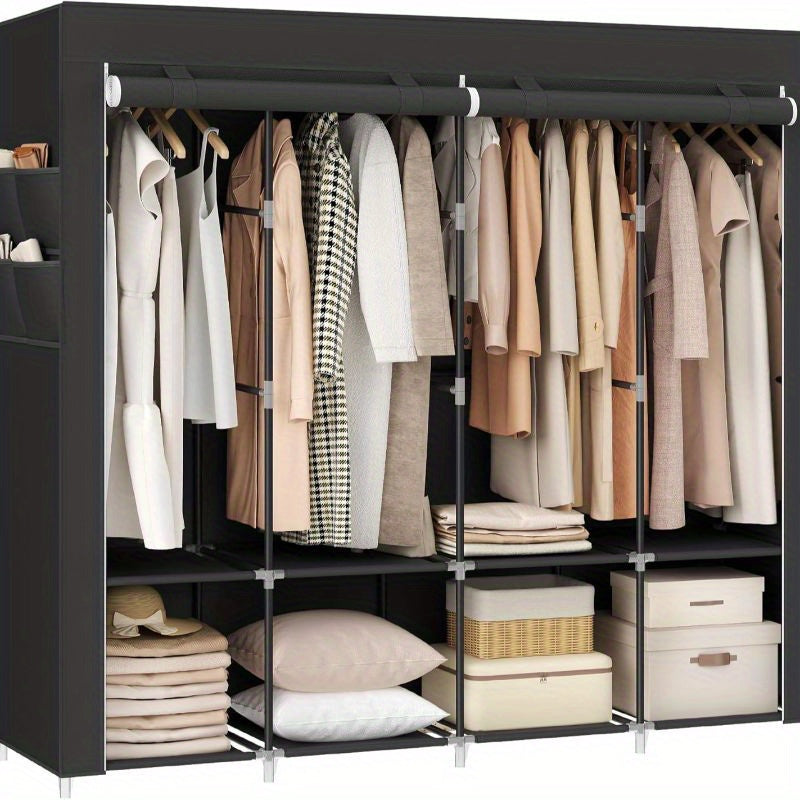 1pc SONGMICS Portable Wardrobe Closet Organizer with Cover, 4 Hanging Rods and Shelves, 4 Side Pockets, Metal Material, Lacquered Finish, Large Capacity for Bedroom, Living Room, Clothes Organizer Storage, SONGMICS