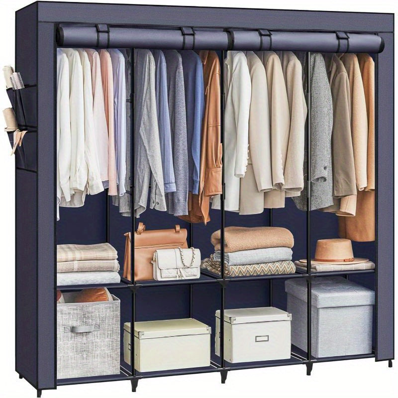 1pc SONGMICS Portable Wardrobe Closet Organizer with Cover, 4 Hanging Rods and Shelves, 4 Side Pockets, Metal Material, Lacquered Finish, Large Capacity for Bedroom, Living Room, Clothes Organizer Storage, SONGMICS