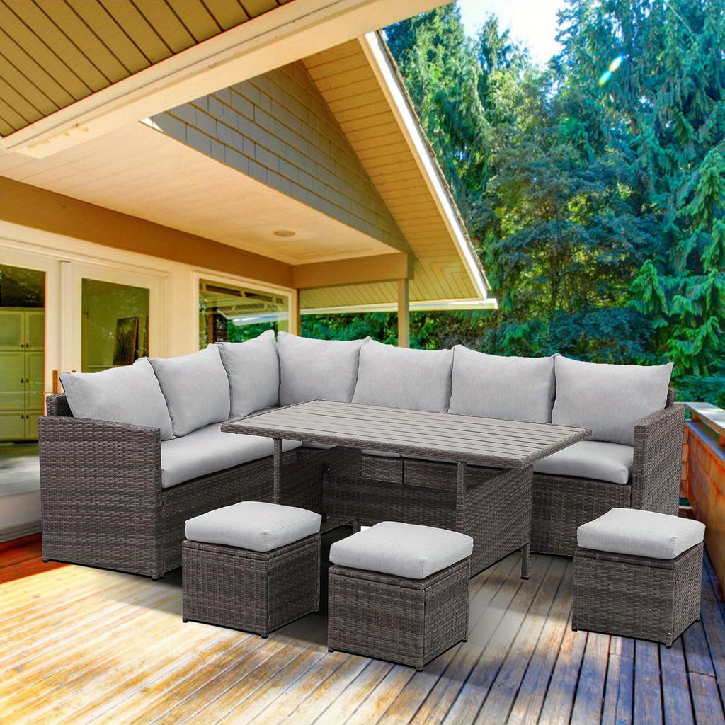 7 Piece Outdoor Patio Furniture Set, Outdoor Sectional PE Rattan Patio Conversation Sofa with All Weather Dining Table Chair Set