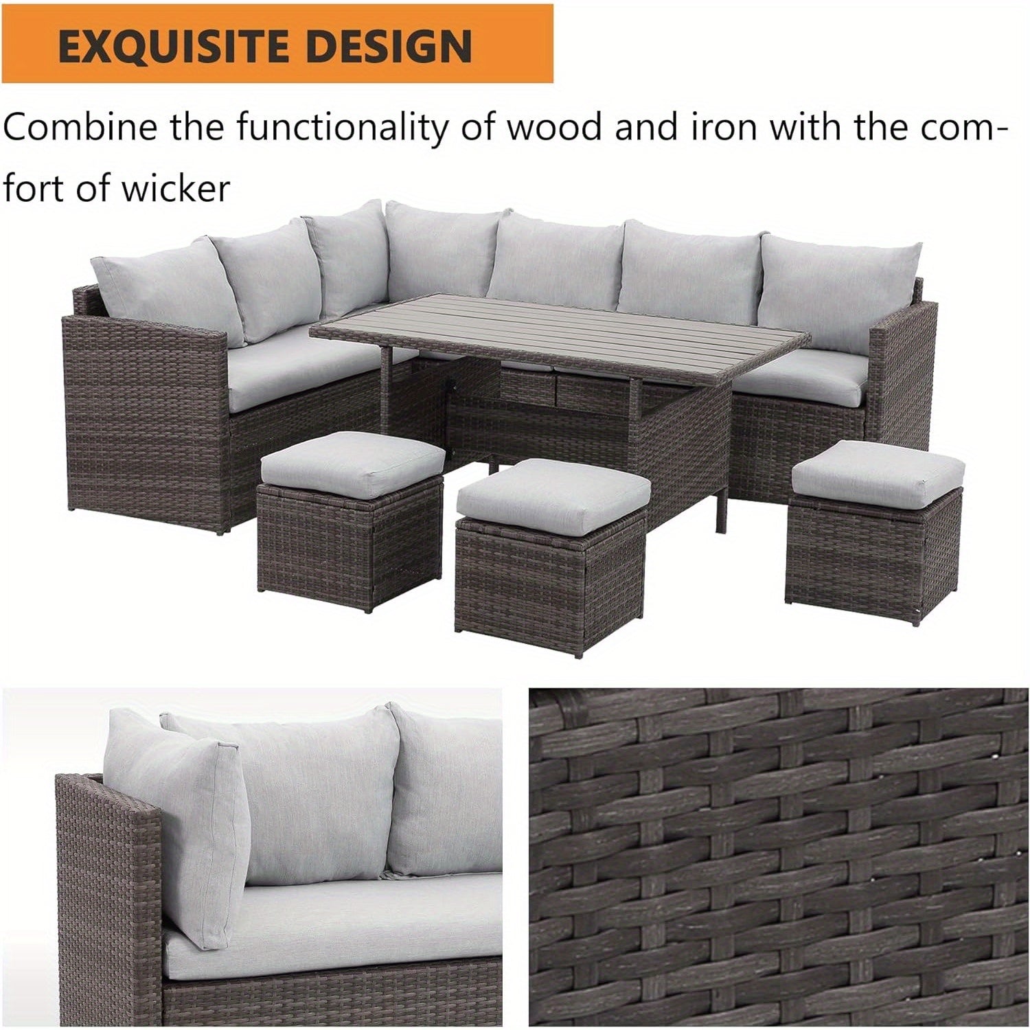 7 Piece Outdoor Patio Furniture Set, Outdoor Sectional PE Rattan Patio Conversation Sofa with All Weather Dining Table Chair Set