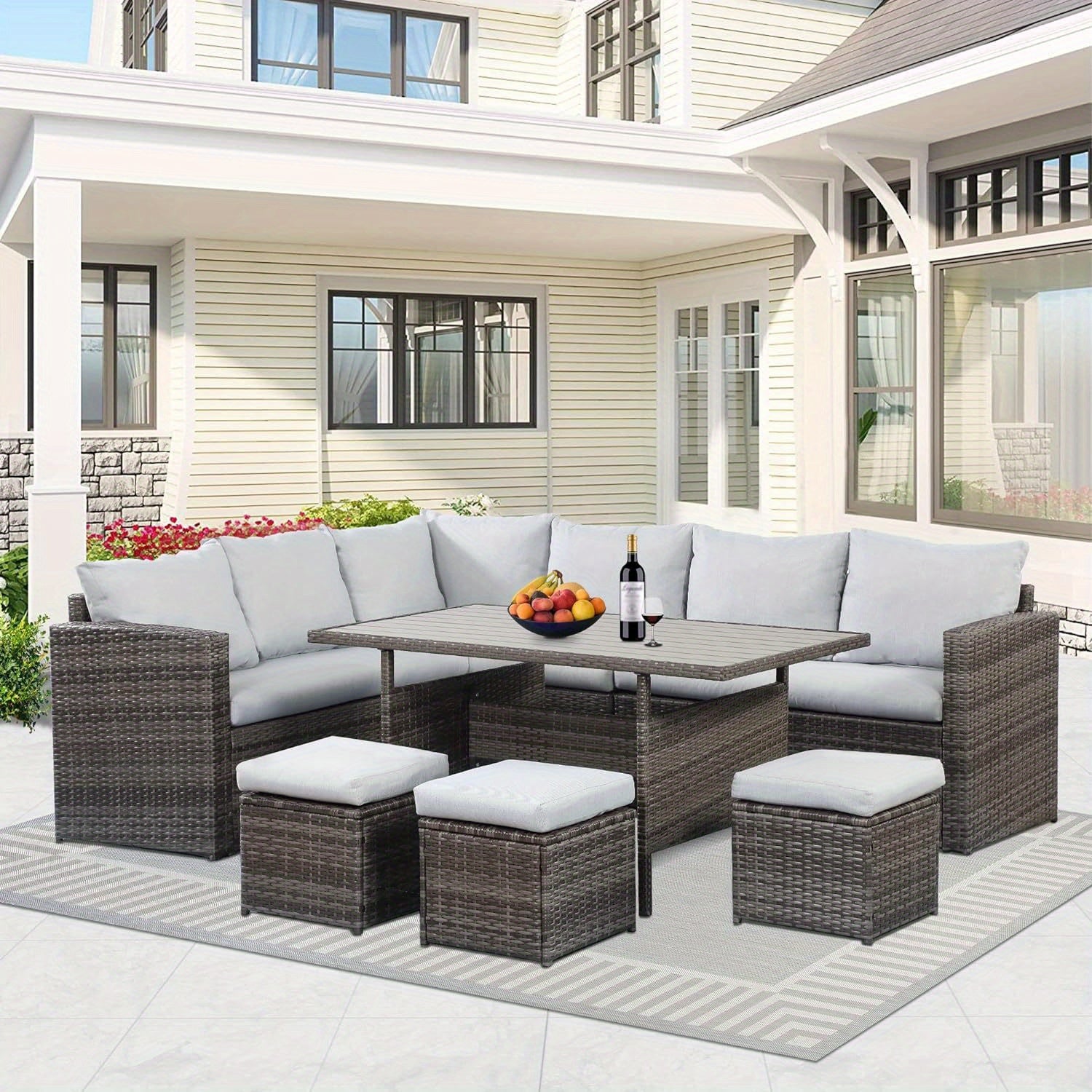 7 Piece Outdoor Patio Furniture Set, Outdoor Sectional PE Rattan Patio Conversation Sofa with All Weather Dining Table Chair Set