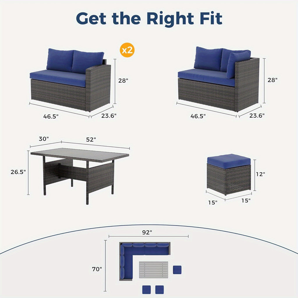 7 Piece Outdoor Patio Furniture Set, Outdoor Sectional PE Rattan Patio Conversation Sofa with All Weather Dining Table Chair Set