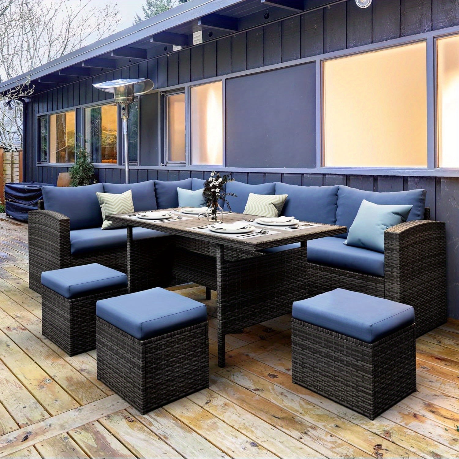 7 Piece Outdoor Patio Furniture Set, Outdoor Sectional PE Rattan Patio Conversation Sofa with All Weather Dining Table Chair Set