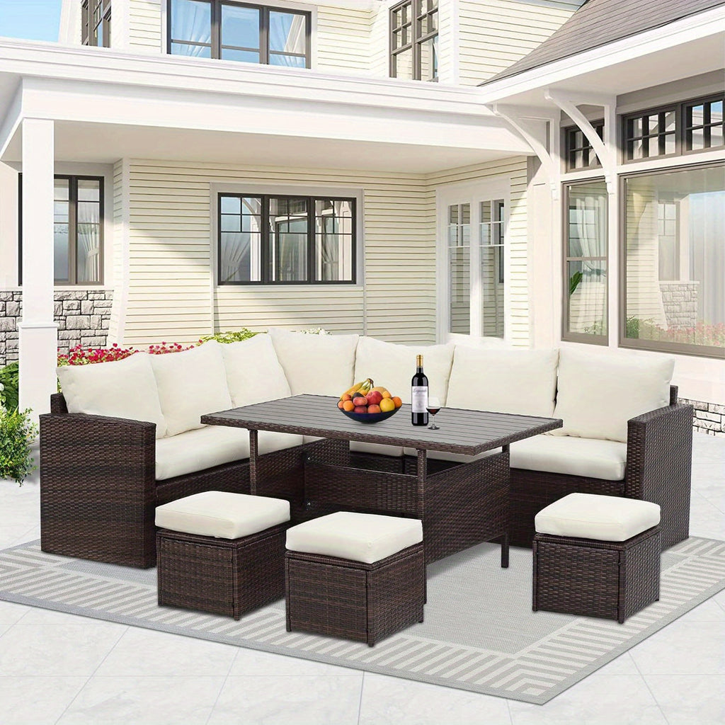 7 Piece Outdoor Patio Furniture Set, Outdoor Sectional PE Rattan Patio Conversation Sofa with All Weather Dining Table Chair Set