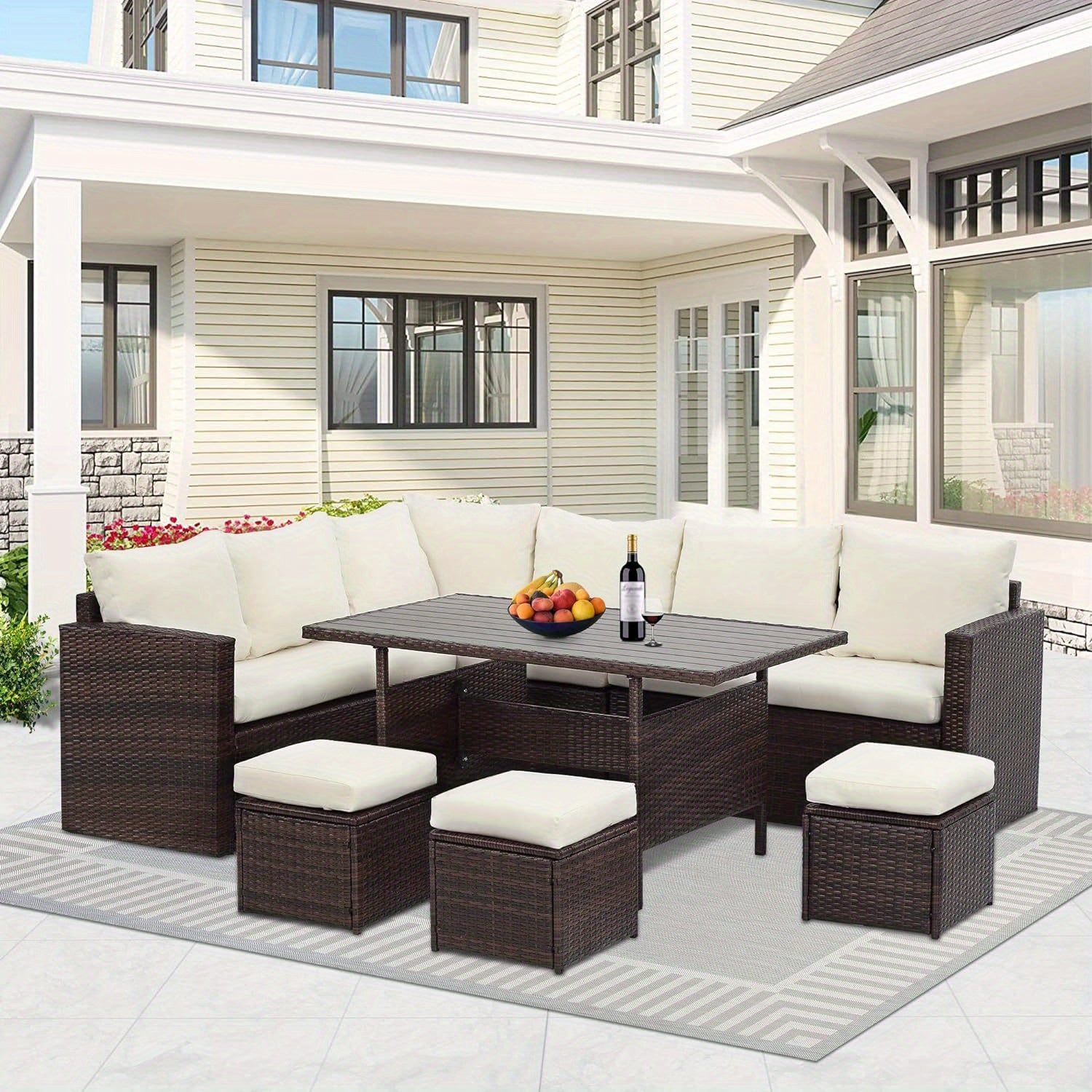 7 Piece Outdoor Patio Furniture Set, Outdoor Sectional PE Rattan Patio Conversation Sofa with All Weather Dining Table Chair Set