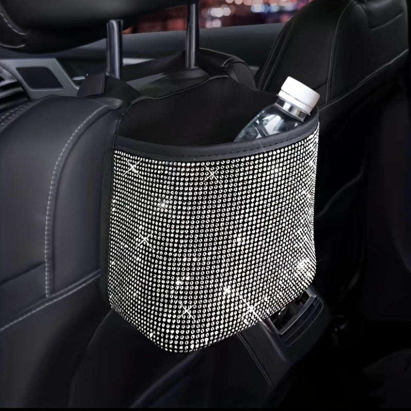 1pc Sparkling Bling Rhinestones Car Trash Can - Durable & Convenient Hanging Storage Bag for Seat Back - Multifunctional, Space-Saving Car Interior Accessory, Premium Quality