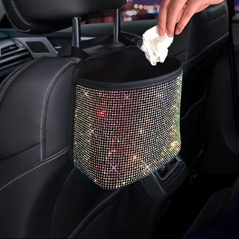1pc Sparkling Bling Rhinestones Car Trash Can - Durable & Convenient Hanging Storage Bag for Seat Back - Multifunctional, Space-Saving Car Interior Accessory, Premium Quality
