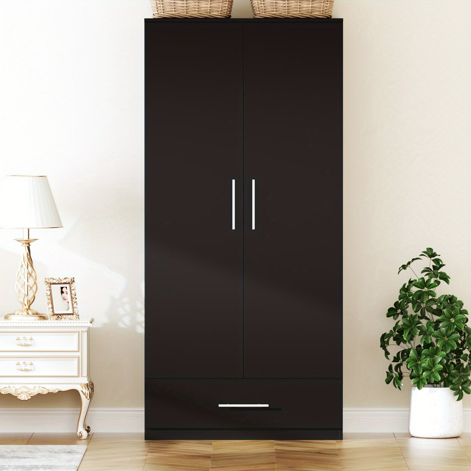 Elegant 2-Door Black Wardrobe Armoire with Drawer - Modern Freestanding Closet Organizer, Engineered Wood Construction, Spacious Storage for Bedroom Essentials, Includes Hanging Rod & Detailed Assembly Guide, Portable Closet