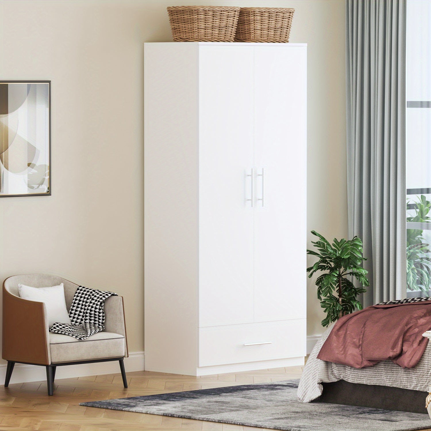 Elegant 2-Door Black Wardrobe Armoire with Drawer - Modern Freestanding Closet Organizer, Engineered Wood Construction, Spacious Storage for Bedroom Essentials, Includes Hanging Rod & Detailed Assembly Guide, Portable Closet