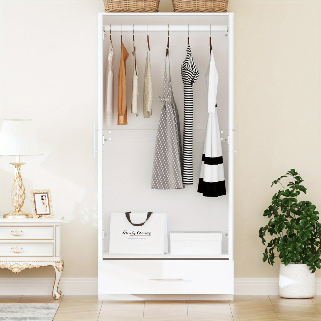 Elegant 2-Door Black Wardrobe Armoire with Drawer - Modern Freestanding Closet Organizer, Engineered Wood Construction, Spacious Storage for Bedroom Essentials, Includes Hanging Rod & Detailed Assembly Guide, Portable Closet