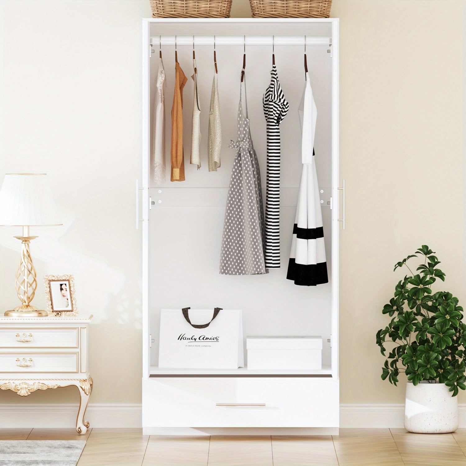Elegant 2-Door Black Wardrobe Armoire with Drawer - Modern Freestanding Closet Organizer, Engineered Wood Construction, Spacious Storage for Bedroom Essentials, Includes Hanging Rod & Detailed Assembly Guide, Portable Closet