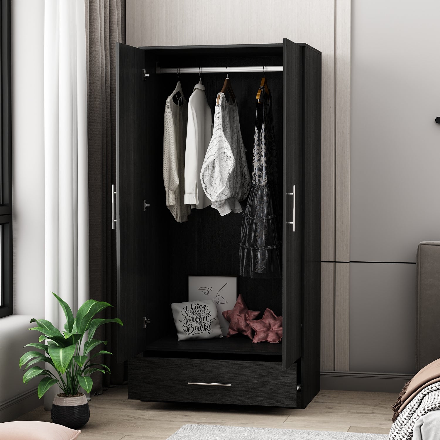 Elegant 2-Door Black Wardrobe Armoire with Drawer - Modern Freestanding Closet Organizer, Engineered Wood Construction, Spacious Storage for Bedroom Essentials, Includes Hanging Rod & Detailed Assembly Guide, Portable Closet