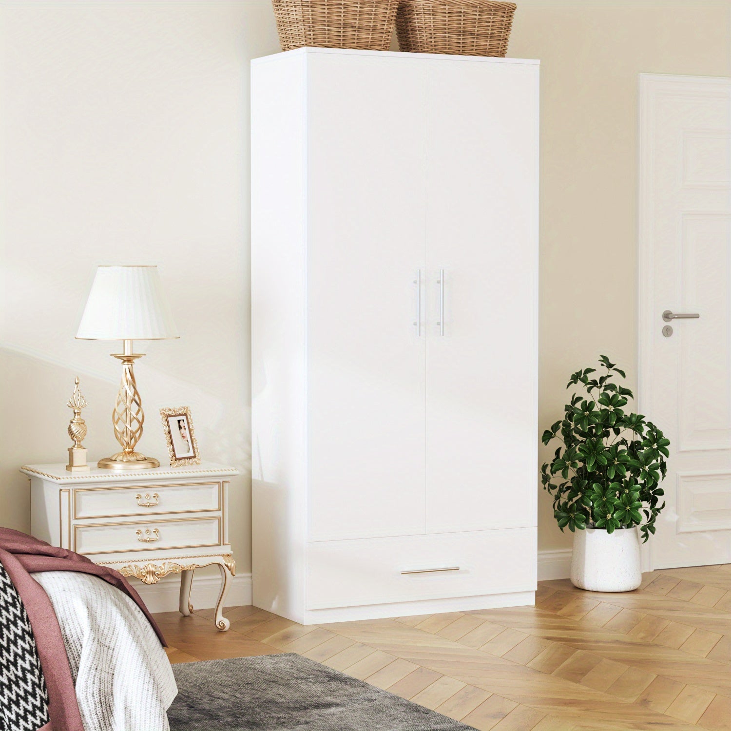 Elegant 2-Door Black Wardrobe Armoire with Drawer - Modern Freestanding Closet Organizer, Engineered Wood Construction, Spacious Storage for Bedroom Essentials, Includes Hanging Rod & Detailed Assembly Guide, Portable Closet
