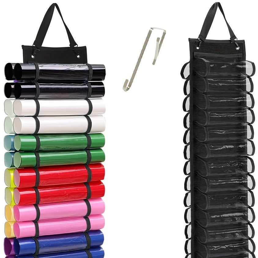 12/24/48 Compartment Vinyl Roll Holder - Wall-Mounted Over-The-Door Hanging Storage Rack, Durable Plastic Craft & Makeup Organizer for Yarn, Ribbons, Fabric Rolls - Space-Saving Vertical Organizer for Craft Room, Office, Home
