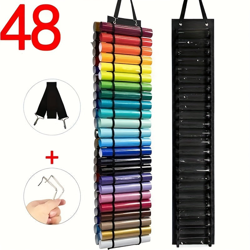 12/24/48 Compartment Vinyl Roll Holder - Wall-Mounted Over-The-Door Hanging Storage Rack, Durable Plastic Craft & Makeup Organizer for Yarn, Ribbons, Fabric Rolls - Space-Saving Vertical Organizer for Craft Room, Office, Home