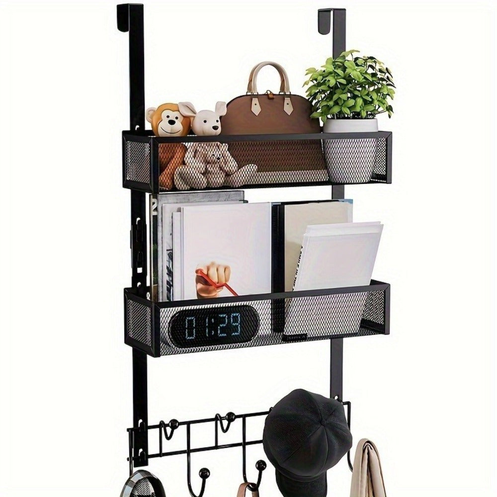 1pc Shower Organizer for Bathroom, Over The Door Hooks Organizer, Door Hanger with 9 Coat Hooks & 2 Mesh Basket Hanging Storage Clothes, Back of Door Storage Organizer for Bathroom, Kitchen, Bedroom (for 1.76in Doors)
