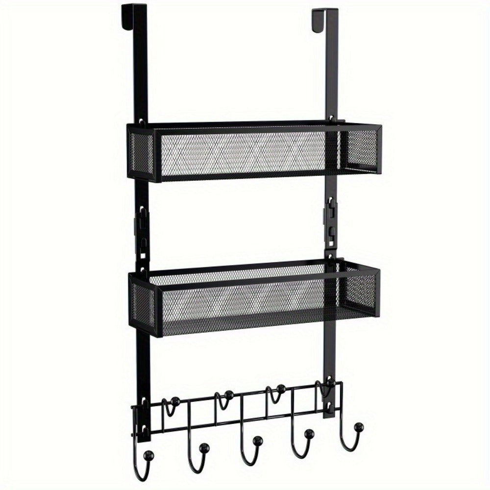 1pc Shower Organizer for Bathroom, Over The Door Hooks Organizer, Door Hanger with 9 Coat Hooks & 2 Mesh Basket Hanging Storage Clothes, Back of Door Storage Organizer for Bathroom, Kitchen, Bedroom (for 1.76in Doors)