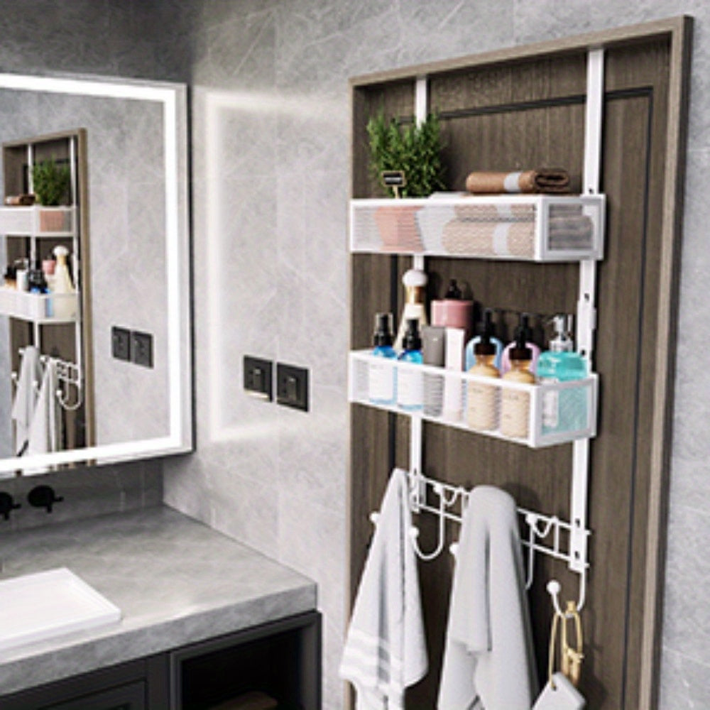 1pc Shower Organizer for Bathroom, Over The Door Hooks Organizer, Door Hanger with 9 Coat Hooks & 2 Mesh Basket Hanging Storage Clothes, Back of Door Storage Organizer for Bathroom, Kitchen, Bedroom (for 1.76in Doors)