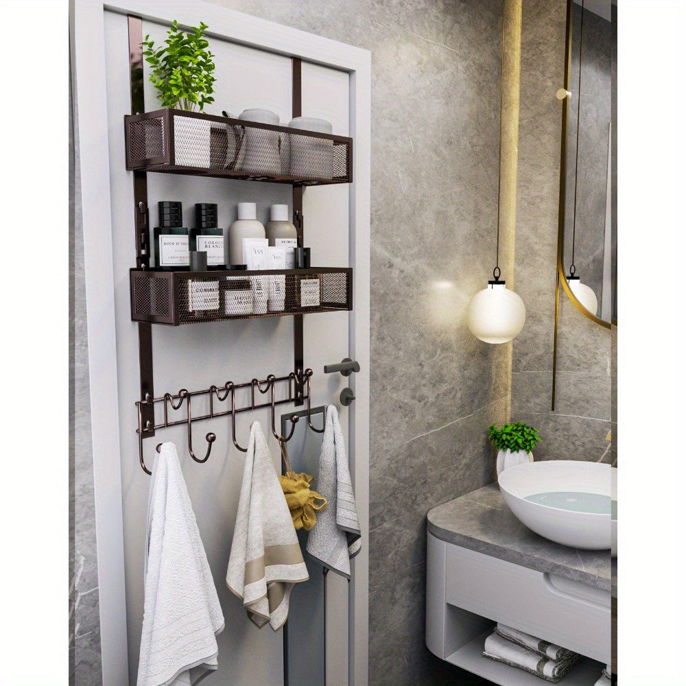1pc Shower Organizer for Bathroom, Over The Door Hooks Organizer, Door Hanger with 9 Coat Hooks & 2 Mesh Basket Hanging Storage Clothes, Back of Door Storage Organizer for Bathroom, Kitchen, Bedroom (for 1.76in Doors)