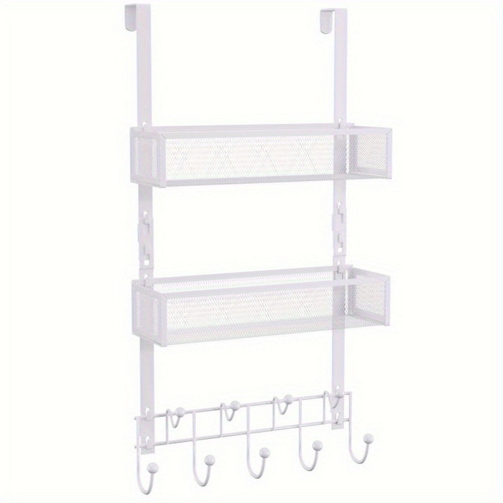 1pc Shower Organizer for Bathroom, Over The Door Hooks Organizer, Door Hanger with 9 Coat Hooks & 2 Mesh Basket Hanging Storage Clothes, Back of Door Storage Organizer for Bathroom, Kitchen, Bedroom (for 1.76in Doors)