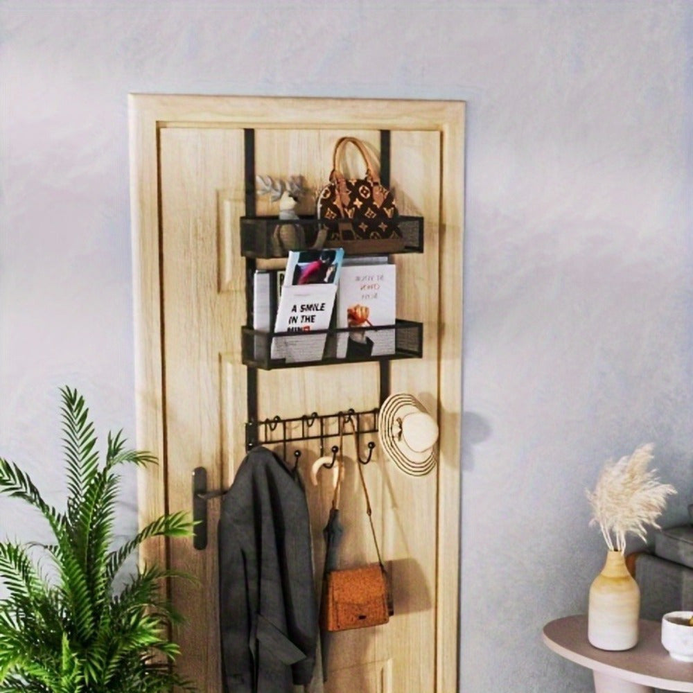 1pc Shower Organizer for Bathroom, Over The Door Hooks Organizer, Door Hanger with 9 Coat Hooks & 2 Mesh Basket Hanging Storage Clothes, Back of Door Storage Organizer for Bathroom, Kitchen, Bedroom (for 1.76in Doors)