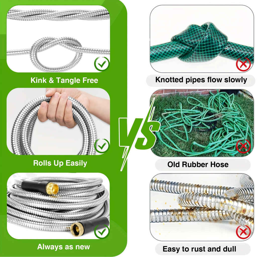 100ft Heavy-Duty Stainless Steel Garden Hose - Flexible, Puncture-Resistant & Rustproof with 10 Multi-Function Nozzles for Easy Watering | Tangle-Free Design for Easy Storage, Garden Hose Nozzle, Ultra-Flexible, Kink-Free, Ma