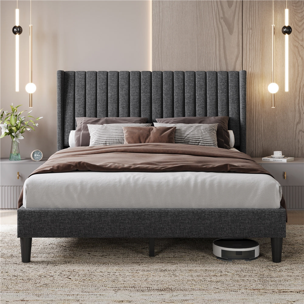 Costoffs Upholstered Bed Frame Full/Queen/King Size, Winged Headboard, Non-Slip, Noiseless, Wooden Slats, Bedroom Furniture, Easy Setup, No Box Spring Required, Installation Guide Included