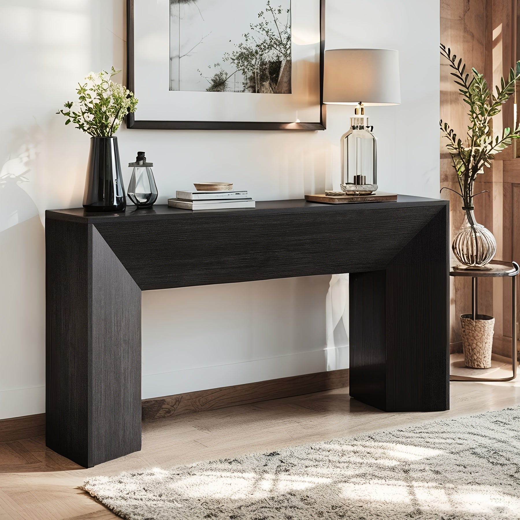 63-Inch Wooden Sofa Table, Console Table, Entryway Table, Hallway Display Stand, Classic Style, Engineered Wood Top, MDF Frame, No Assembly Required, 27" Height, Multi-Functional, for Living Room, Bedroom, Office, Entryway, L