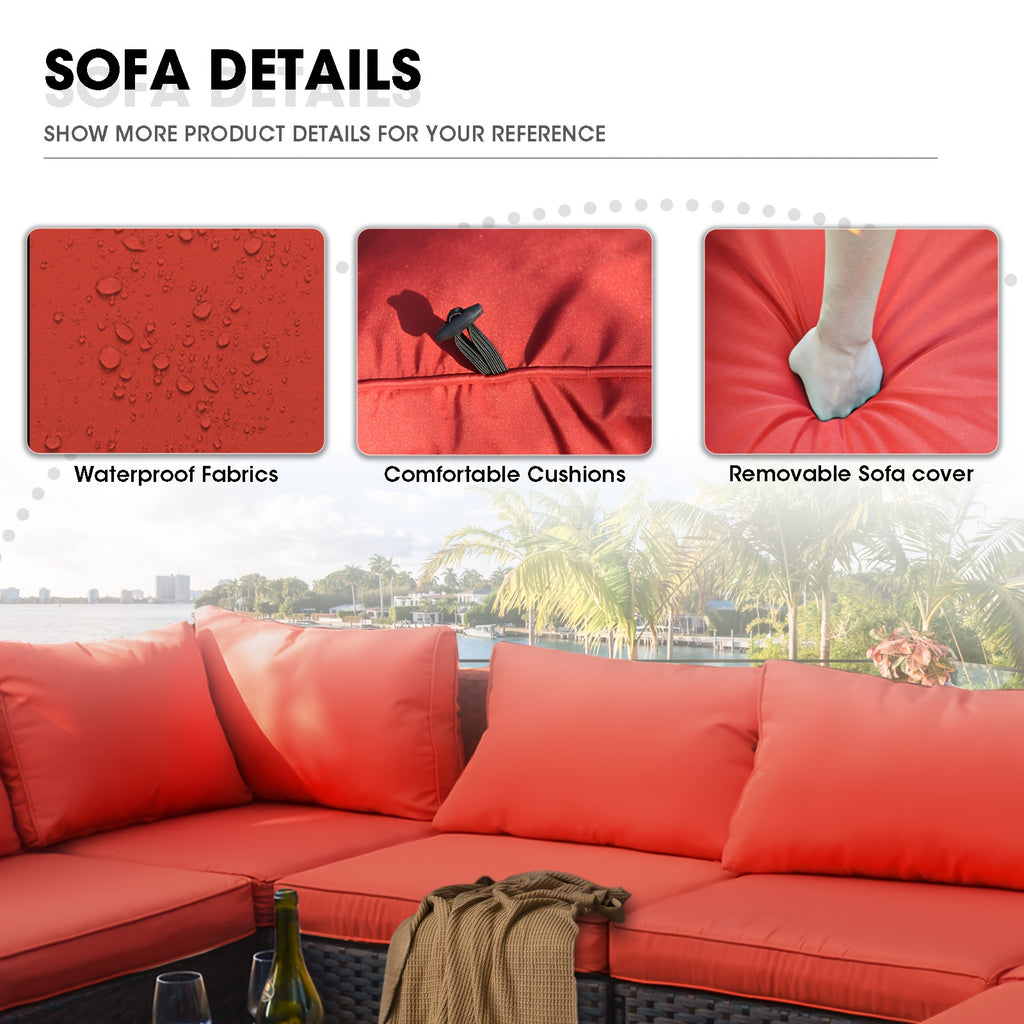 5pcs Patio Furniture Set With Fire Pit Table, All Weather Outdoor Sectional PE Rattan, Patio Conversation Sets With Cushions And Glass Coffee Table For Garden Lawn Balcony