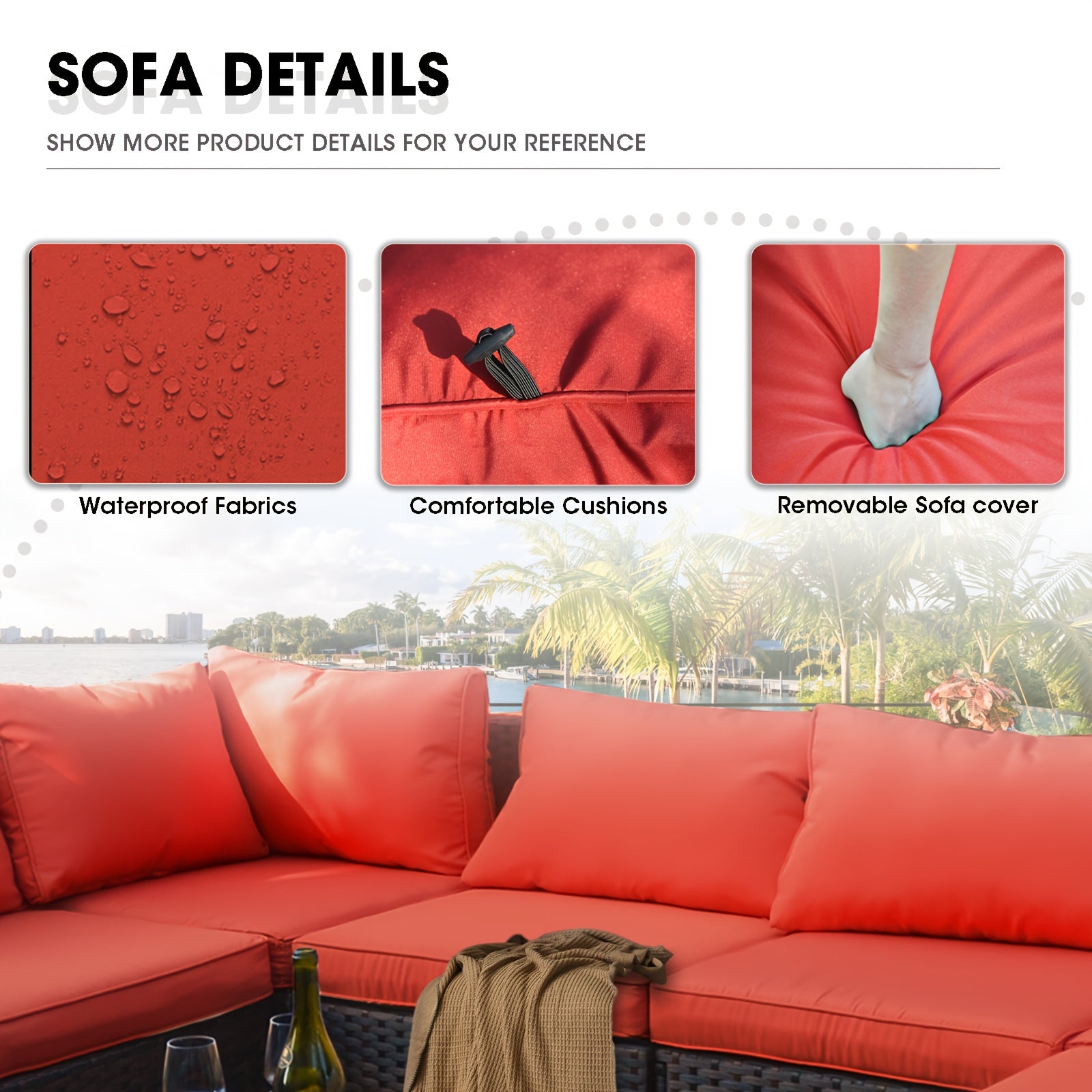 5pcs Patio Furniture Set With Fire Pit Table, All Weather Outdoor Sectional PE Rattan, Patio Conversation Sets With Cushions And Glass Coffee Table For Garden Lawn Balcony