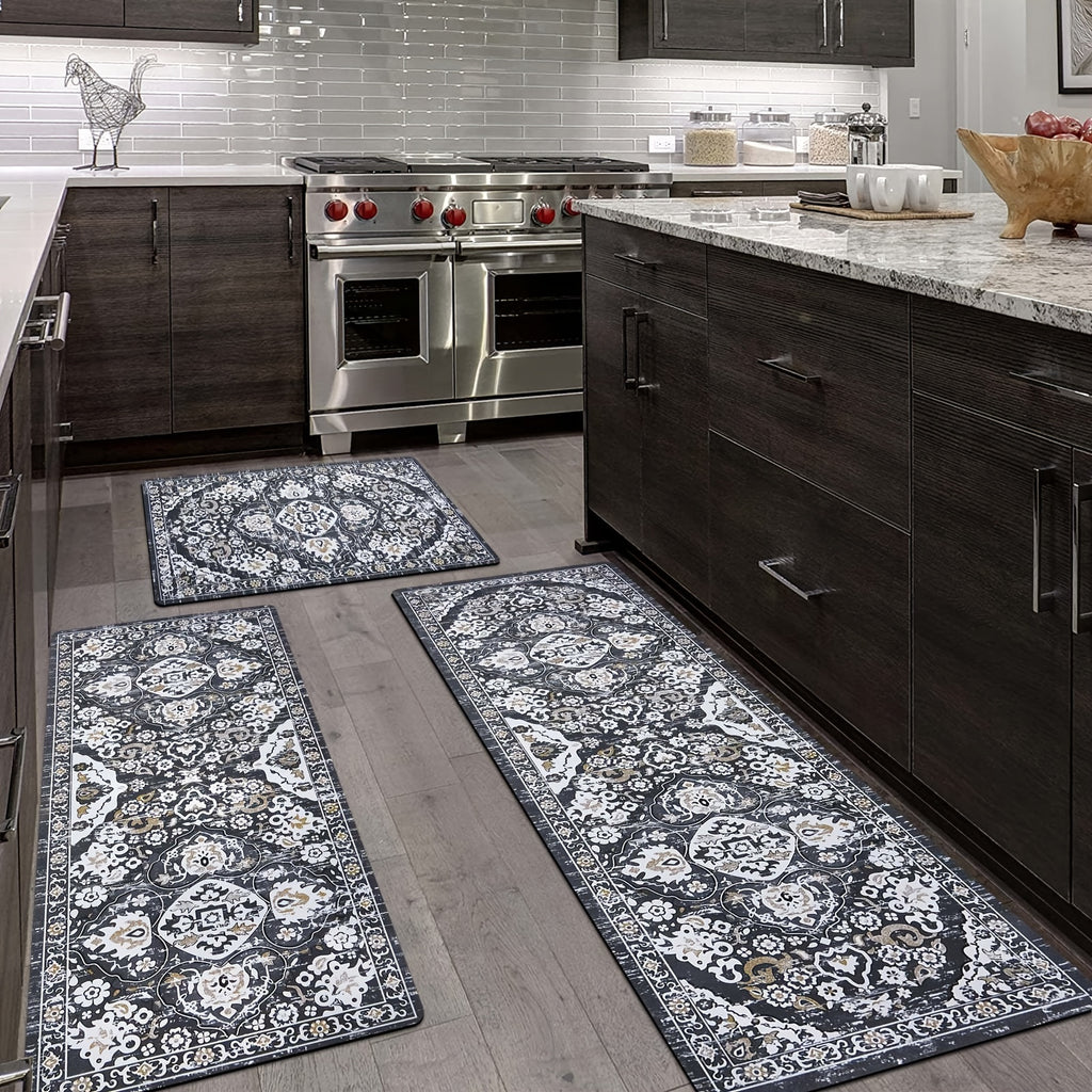 3-Piece Rubber Kitchen Mat Set - Non-Slip, Waterproof, and Stain-Resistant Kitchen Floor Mats for Home Kitchen - Gray/Brown, 20"x32"+20"x48"+20"x60" - Easy to Clean and Maintain