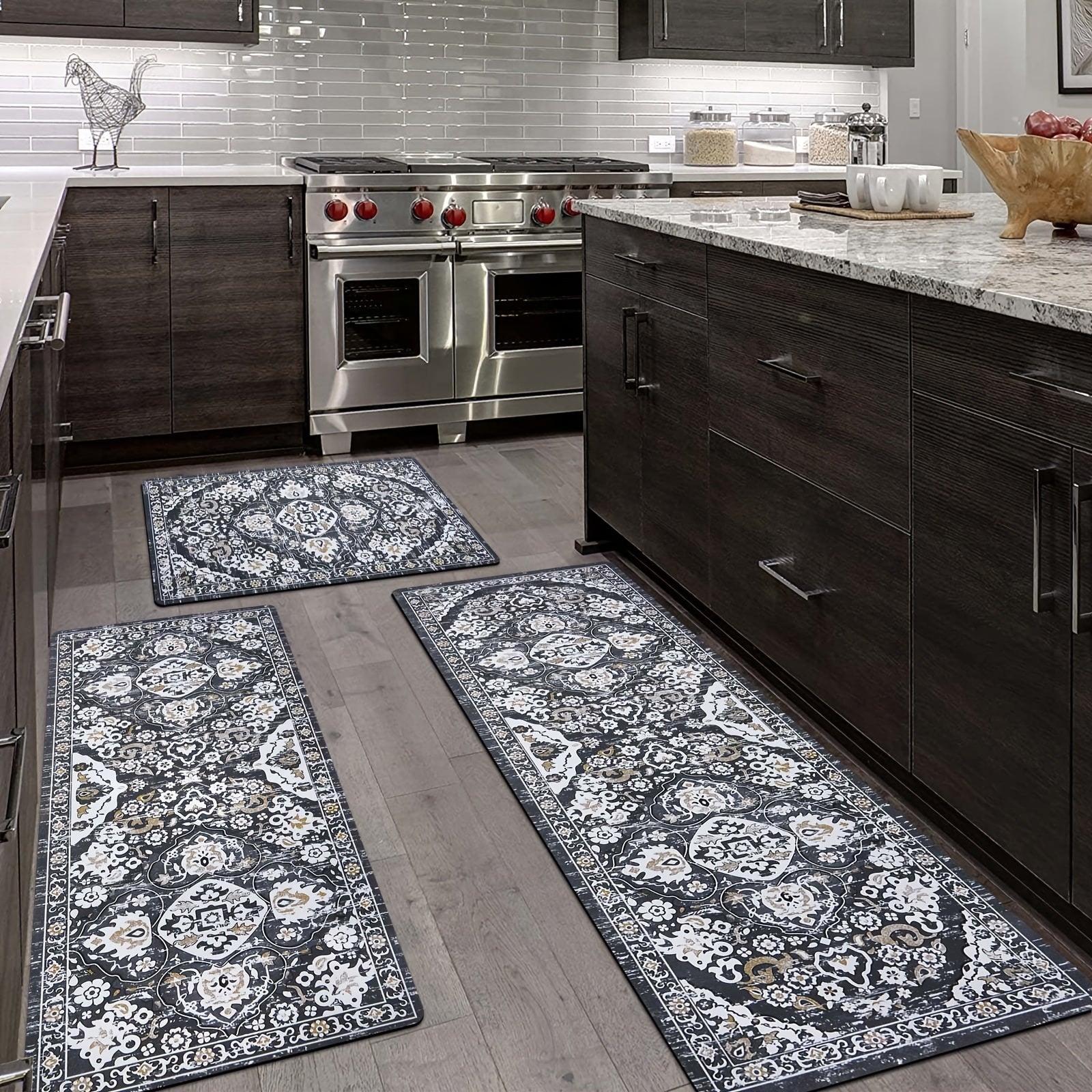 3-Piece Rubber Kitchen Mat Set - Non-Slip, Waterproof, and Stain-Resistant Kitchen Floor Mats for Home Kitchen - Gray/Brown, 20"x32"+20"x48"+20"x60" - Easy to Clean and Maintain