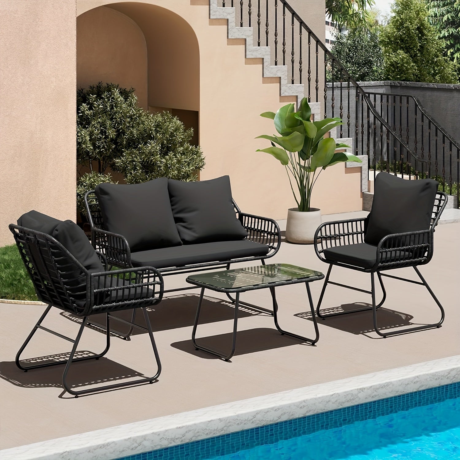 4-Piece Rattan Patio Furniture Set - All-Weather Bistro Conversation Loveseat, Chairs, And Table Set For Outdoor Living Spaces - With Cushions And Metal Table - For Garden Houses & Patios - Perfect for Relaxing & Entertaining