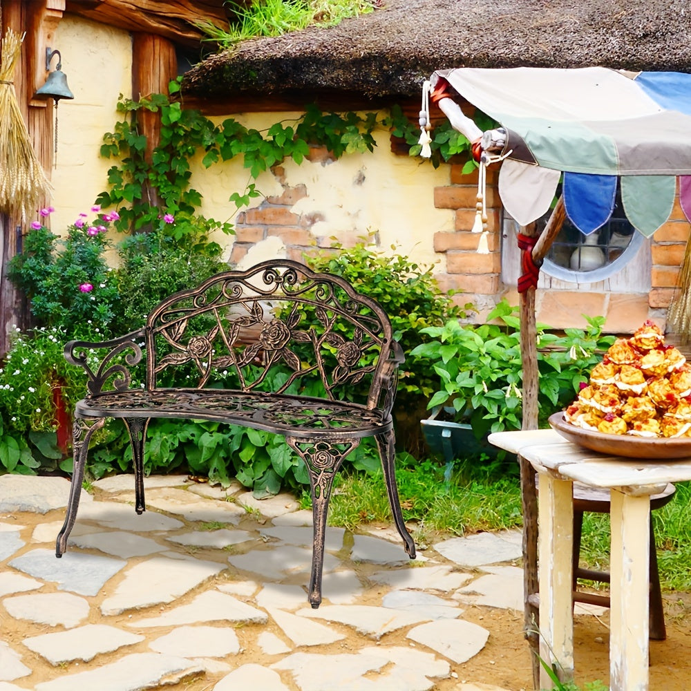 1 PC Rust-Proof Cast Iron Garden Bench, 38.5in Outdoor Seating with Elegant Rose Pattern, Foot Levelers, and Patio Furniture in Green