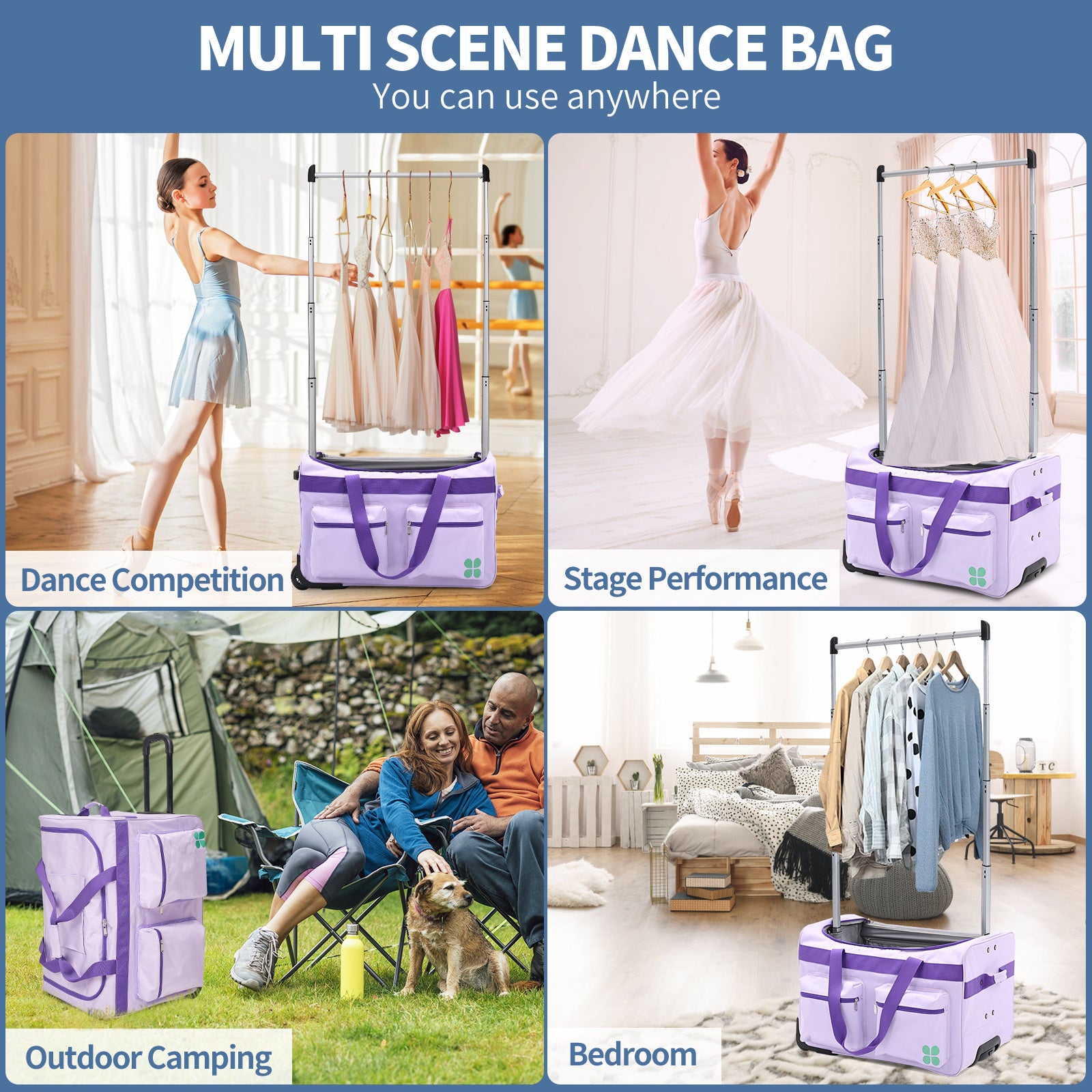 Dance Bag With Garment Rack, 27 Inch Dance Competition Bag Garment Duffel Bag For Competition Events, Travel, Recital Events, Rolling Garment Bag Travel Dance Bag for Girls Boys